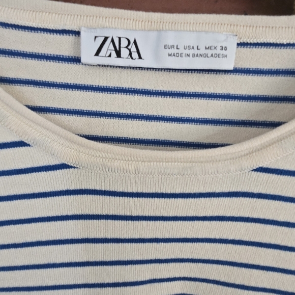 Zara Blue White Striped Knit Top French Coastal Chic Boho Anthropologie Style L - Picture 4 of 6